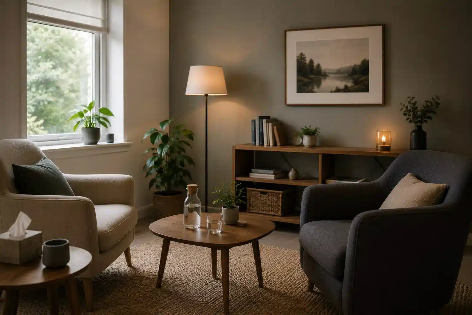 A calm counselling room with warm natural light